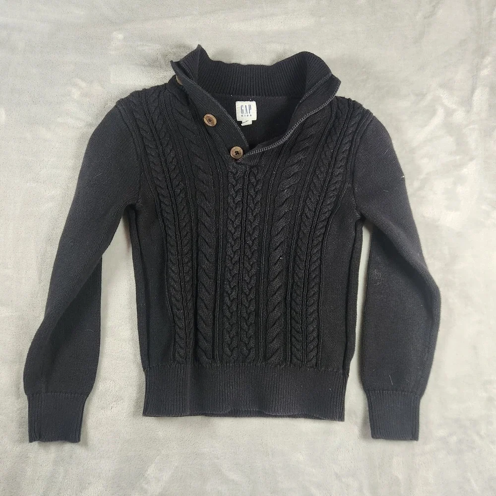 Gap Kids Cable Knit Henley Pullover Cotton Sweater Sz 8 Medium Black Cozy Preppy